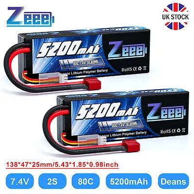 2X Zeee 2S LiPo Battery 5200mAh 80C 7.4V Deans T Hardcase For RC Car Truck Buggy • £37.99