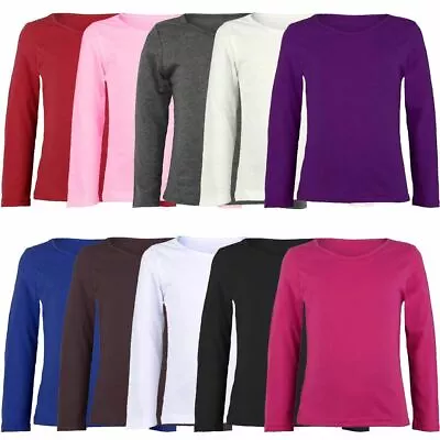 Kids Plain Basic Top Long Sleeve Girls Boys T-Shirt Tops Tee 2-13 Years • £4.95