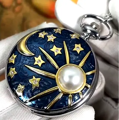 Sea Blue Star Moon Quartz Pocket Watch Inlaid With Bead Pendant Chain Men Women • $25.98