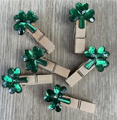 Mini Wooden Craft Pegs 6 Shamrock St Patrick’s Irish Party Place Cards Green • £4.95
