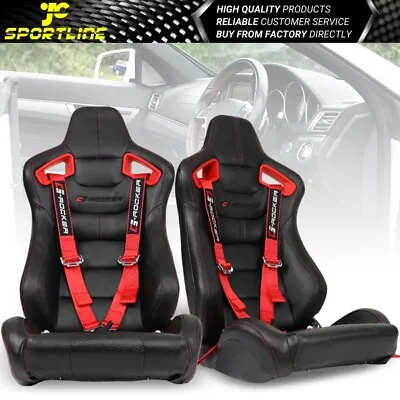 Universal Recline Racing Seat Red Bezel Dual Slider PU&Carbon & Cam-lock Belt X2 • $409.99