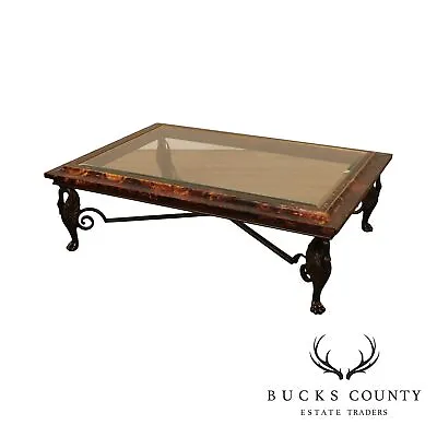 Maitland Smith Large Glass Top Faux Tortoise Shell Coffee Table Bronze Swan Legs • $1695