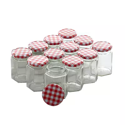 12 X JAM JARS 250ML WIDE MOUTH GLASS PRESERVE POTS GINGHAM RED LIDS MODERN ZENO • £9.95