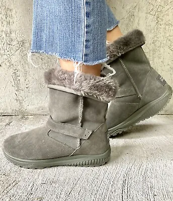 NEW Skechers Shape Ups Gray Suede Faux Fur Lined Winter Boots Pull On Womens 7.5 • $52.25