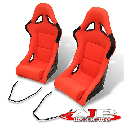 2X Universal Red Lightweight Cloth Racing Fixed Bucket Seats W/ Sliders Rails • $284.99