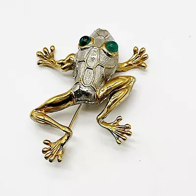 CUTE! Vintage Climbing Frog Pin Gold & Silver Tone Green Eyes 2 1/4”Unmarked #23 • $4