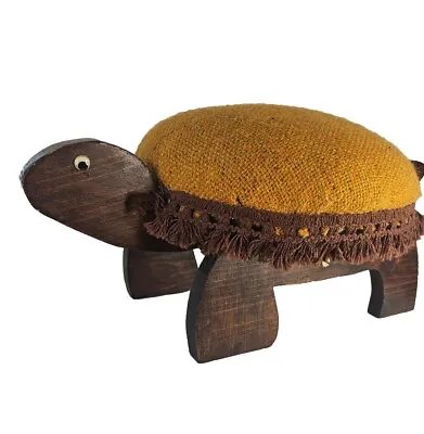 Vintage Upholstered Turtle Ottoman Foot Stool Orange & Brown Solid Oak Wood  • $42.75