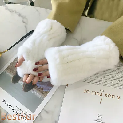 Womens Real Rabbit Rex Fur Knitted Fingerless Elastic Gloves Sleeves Mittens • $17.95