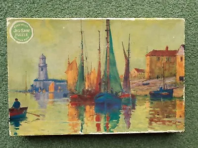 Vintage Chad Valley Wooden Jigsaw Puzzle Of Boats Moored By Coast - COMPLETE • £20