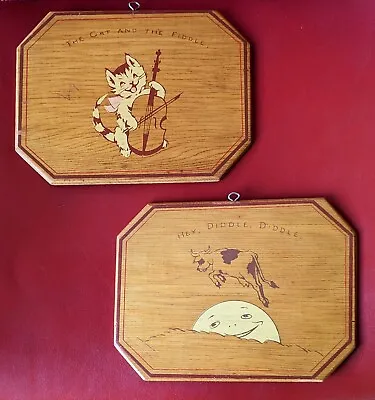 Set Of 2 Vtg HEY DIDDLE CAT FIDDLE COW MOON Wood Plaque Wall Art Decor Nursery  • $32