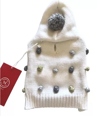 Martha Stewart Silver Gold Pom Poms Knit Hooded Dog Sweater XS White • $27.90