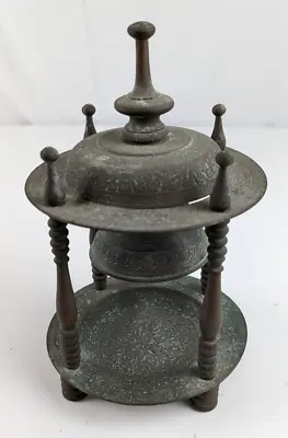 Patinated Vintage Bronze Bell On 4 Pillars Asian Art Buddhism Hinduism • $32.99