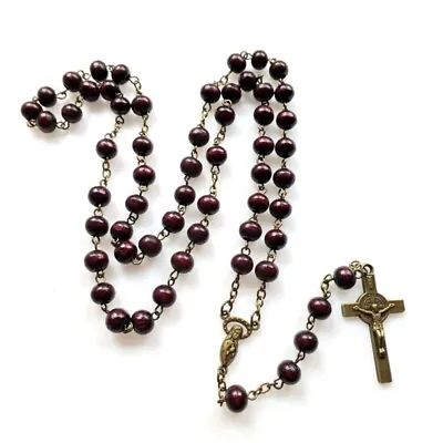 Long Wooden Catholic Rosary Bead Necklace Crucifix Cross Chain For Women Men • £4.26