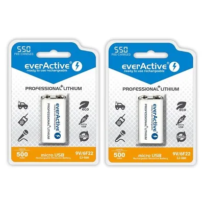 £23.25 • Buy 2 X EverActive 7.4V Li-ion Rechargeable Battery 550mAh Powerful 9V Lithium Ion