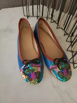 Anthropologie NEW Size 9 Coral Blue Sequin Front Ballet Slippers Leather Slip-On • $89.50