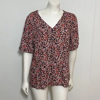 Fat Face Blouse Womens 12 Black Pink Floral Button Front V Neck Short Sleeve • £27.96