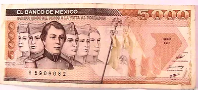 1985 Mexico 5000 Pesos VF+ AXF Serie GP  Mexican Currency Paper Money Banknote • $14