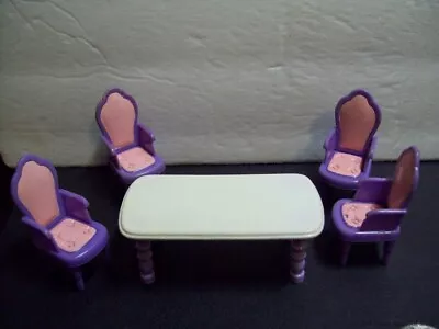 Vintage Dollhouse Dining Room Set Table 4 Chairs Cart  Purple White Miniatures • $14.99