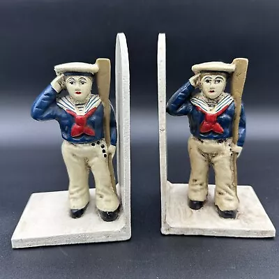 Vintage Cast Iron Saluting Sailor Bookends Hand Painted Nautical US Navy • $64.95