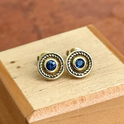 Estate 18K Yellow Gold Matte Byzantine Bezel Blue Sapphire Stud Post Earrings • $949.99