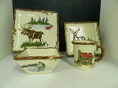 Sonoma 'into The Woods ' 4 Piece Place Setting Moose Deer Fish Log Cabin • $40