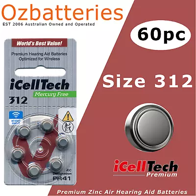 60pc IcellTech Size 312 Hearing Aid Batteries Exp 02/2028 / Mercury Free • $28.50