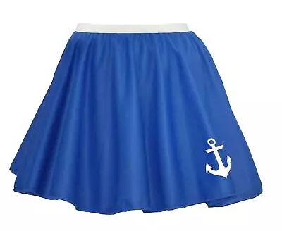 Ladies 15  Royal Blue Naval Printed Anchor Sailor Fancy Dress Skater Skirt • £10.95