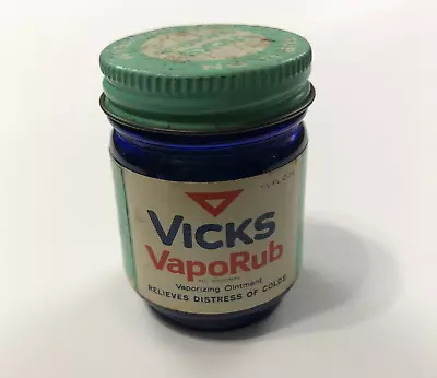 Vintage Vicks VapoRub 1-1/2 FL OZS Blue Glass Jar Metal Lid • $19.99