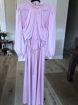 1970's Vintage Pink Chiffon Pleated Front Balloon Sleeves Belted Maxi Dress Gown • $20