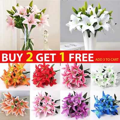 10Heads Artificial Lily Silk Fake Flower Bouquet Bunch Wedding Home Party Decor • £5.64