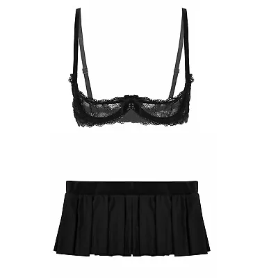 Women 2Pcs Lingerie Set Sheer Lace 1/4 Cups Bra With Pleated Mini Skirt Costume  • $15.17