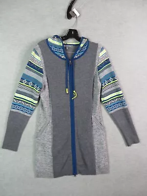 Title 9 Womens Dress Medium M Gray Blue Aztec Knit Merino Blend Hooded Full Zip • $49.99