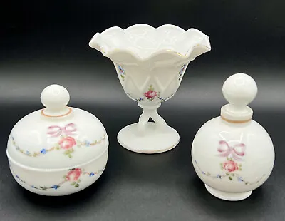 Westmoreland Milk Glass Hand Painted Dresser Vanity Set Puff Box Perfume Bottle • $44.50