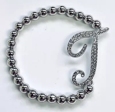 HSN Joan Boyce Silver Tone Crystal Initial  T   Stretchable Beaded Bracelet • $14.99