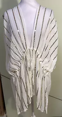 Vince Camuto One Size Cream & Gold Sequin Drawstring Cover-up Open Cardigan Top • $16.98
