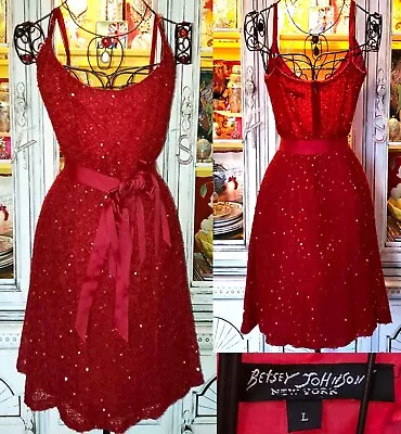 Betsey Johnson Slip Dress Vintage New York 90s Red Sequin Crochet Rose Ribbon L • $199.99