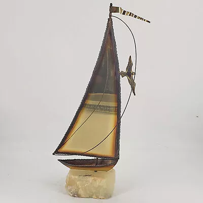 Onyx Base Brass Sail Boat Sculpture W Seagull Demott SIGNED Mid Century Boat • $28