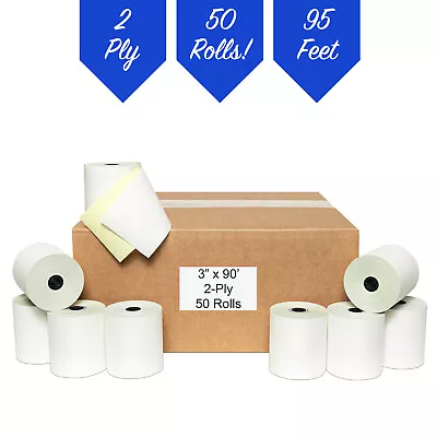 3  X 90' 2-ply Carbonless POS Receipt Paper Rolls - 50/CS • $59.99