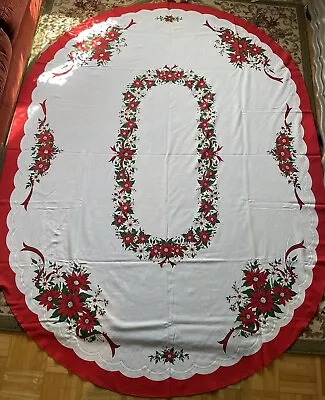 Vintage Oval Table Cloth Poinsetta Christmas Holiday Winter Red White 60 X 80 • $18