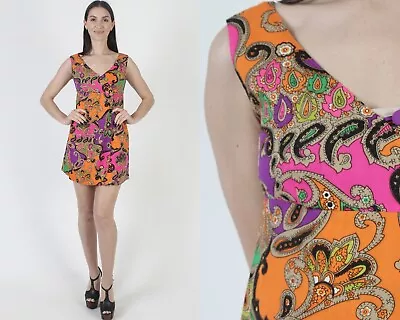 Vtg 60s Psychedelic Neon Dress Mod Scooter Micro Mini Paisley Short GoGo Frock • $68.40