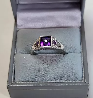 Cushion Cut Amethyst & Diamond Ring 14k White Gold Vintage Estate Piece Size 8 • $249.99