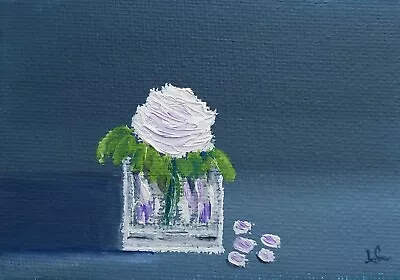 ACEO Original Miniature Oil Painting. White Rose In A Vase. Still Life. Flowers. • £0.99