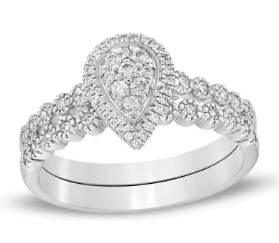 1/3 Ct Moissanite Pear Shape Vintage Style Bridal Set Ring 14K White Gold Plated • $112.99