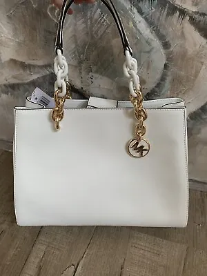 NWT Michael Kors Cynthia Medium Leather Satchel Bag In Optic White • $169