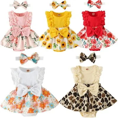 Newborn Baby Girls Romper Dress Lace Floral Print Jumpsuit Headband Clothes Set • $26.39