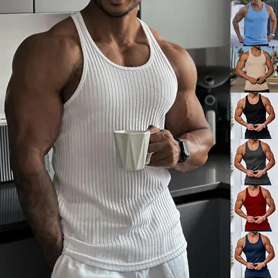 Mens Muscle Slim Fit Tank Tops Bodybuilding Training Workout Gym Fitness Vest • £9.19