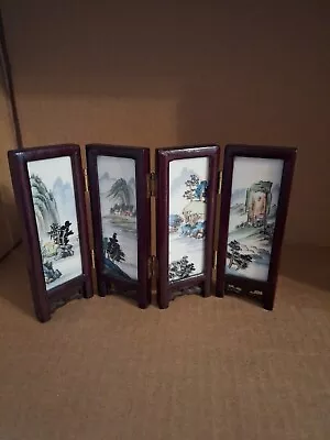 Mini Asian Shoji Screen Tabletop Stone Marble 4 Panel Hand Painted 8  Vintage • $24.99