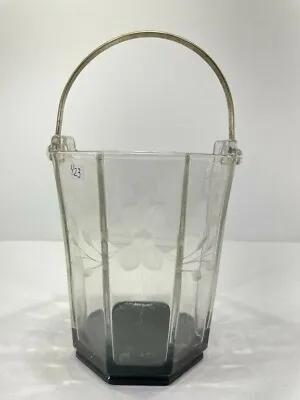 Vintage Heavy Glass Ice Bucket Etched With Flowers Six Inches Tall Plus Handle • $14.95