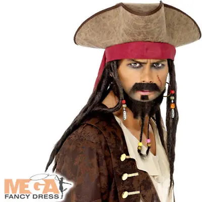 Pirate Hat With Attached Hair Mens Fancy Dress Caribbean Adult Costume Accessory • £8.99