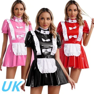 UK Womens Sexy French Maid Cosplay Costume Patent Leather Ruffles Mini Dress • £7.96